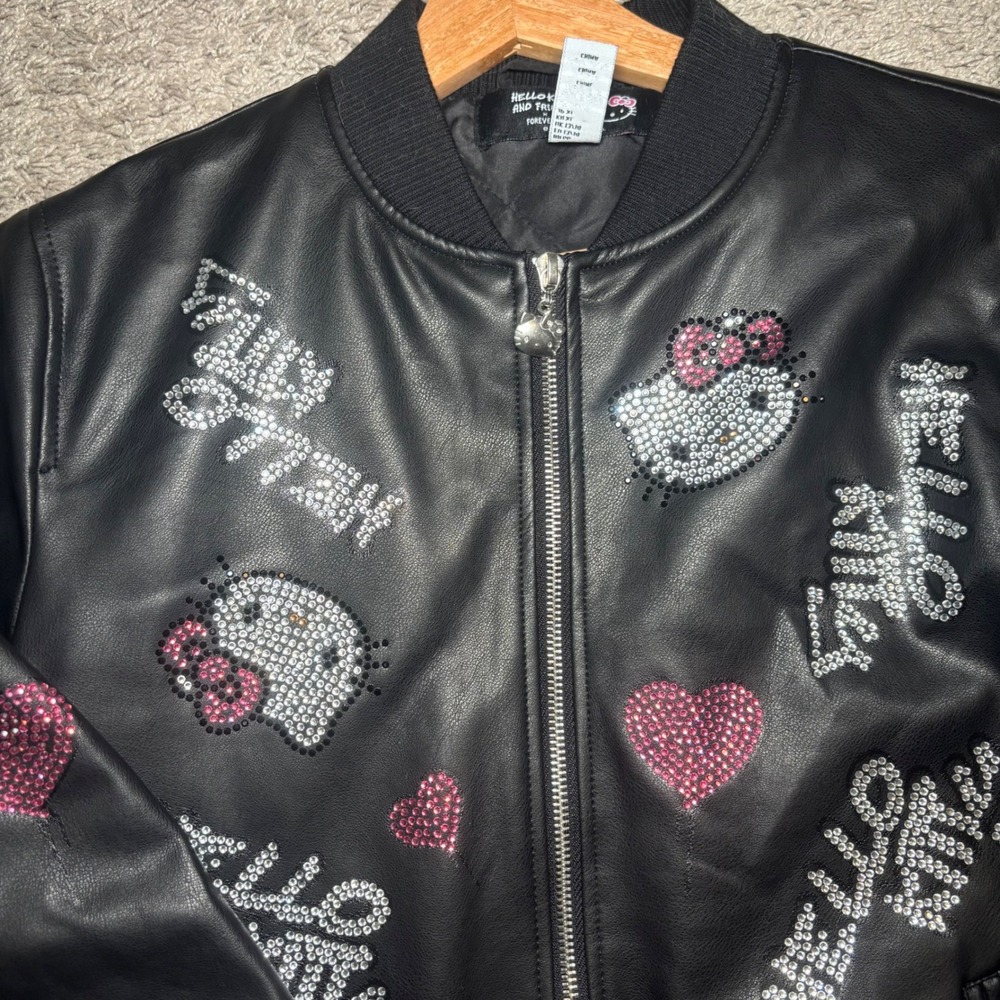Hello Kitty x Forever 21 Faux Leather Rhinestone Bomber Jacket Black Girls 13/14 - Picture 2 of 8